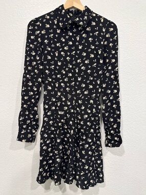 Reformation Black Floral Long-Sleeve Collared Mini Dress - XS